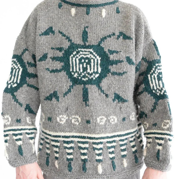 Vintage 90's Nuevo Americana 100%  Wool made in Ecuador Green Grey Aztec Sweater - Picture 1 of 13